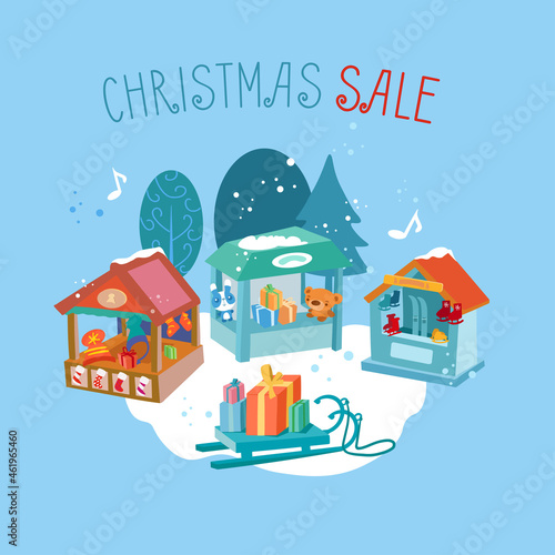 Christmas sale. Sled with gifts in front of wooden stalls of Christmas market. Hand drawn vector illustration.