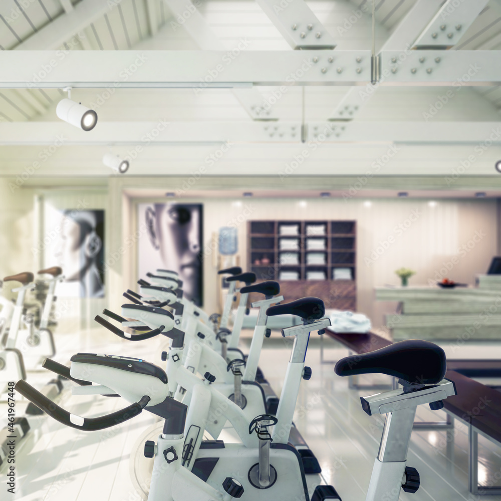 Fototapeta premium Stationary Bikes Inside a Gym (focused) - 3d Visualization