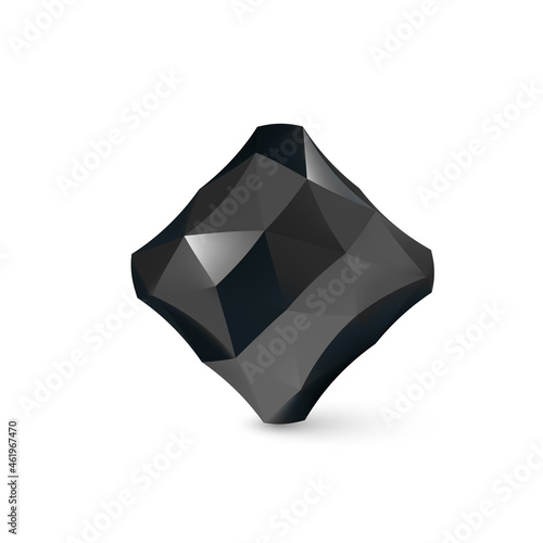 Low Poly Cubical Object, Geometric Wireframe Shape, or Black Crystal Polyhedron with Shadow Effect on White Background