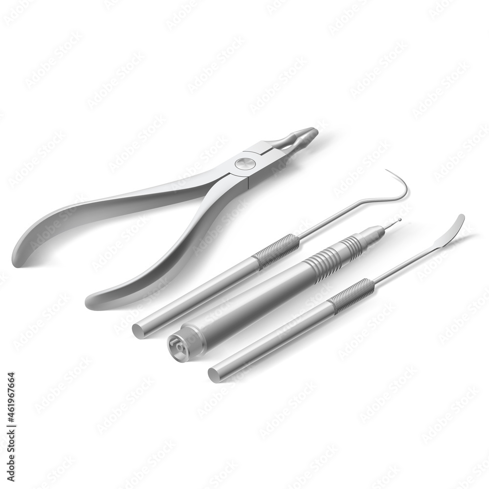 Basic Dentist Instruments and Tools Laid out Against White Backdrop. An Isometric Set of Medical Equipment for Teeth Dental Care. Dental Hygiene and Healthcare Concept