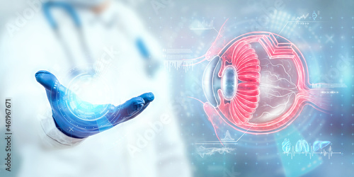 Realistic human eye hologram, doctor hand checking vision. The concept of healthcare, vision, catheract, ostegmatism, laser eye surgery, modern ophthalmologist.