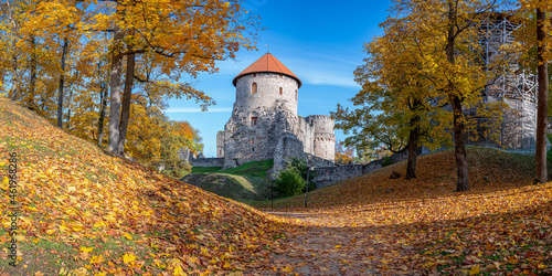 Medieval castle in autumn. Autumn landscape of fortress with stone towers surrounded by yellow and orange trees. Cesis castle in Latvia.