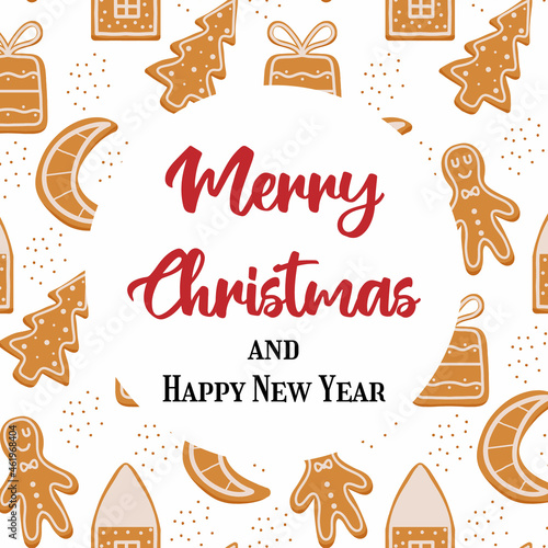 Hand-drawn illustration of gingerbread tree. Christmas card. Christmas template for text.