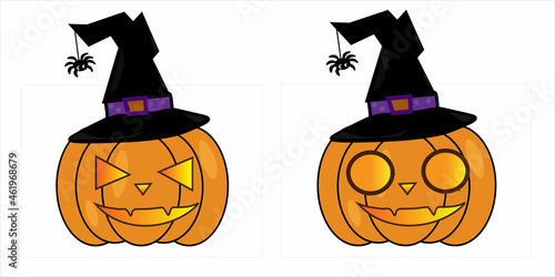 A pair of Halloween Monster with the witch hat having spider on it.Smiley of evil witch in a black tattered hat.Halloween with the white background.