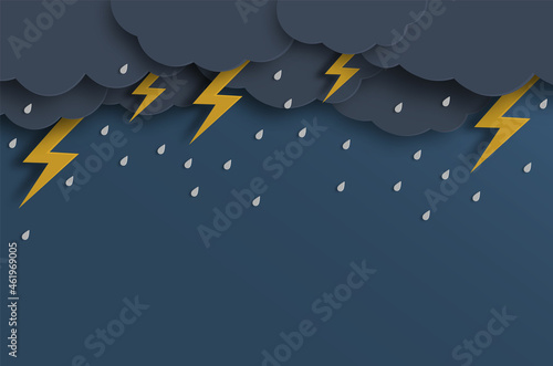 Illustration of rainy season with cloud thunderbolt and raindrop on sky dark background, paper cut and craft style. Vector illustration.
