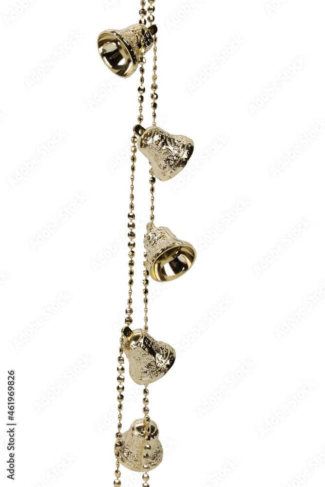 Golden Christmas bells on a chain. Golden Christmas bells on a chain.