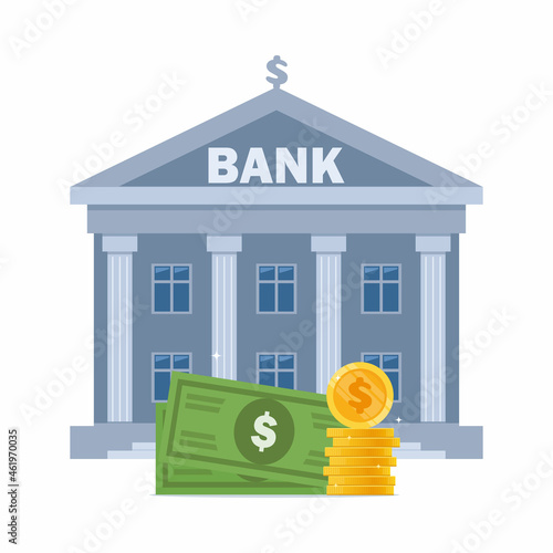 Bank building and money, bank financing, money exchange, financial services, ATM, giving out money. Vector flat illustration.