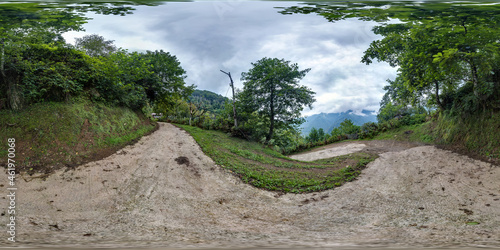 360 hdri panorama on serpentine path in high in mountains among deciduous forest in equirectangular spherical seamless projection, VR AR content photo