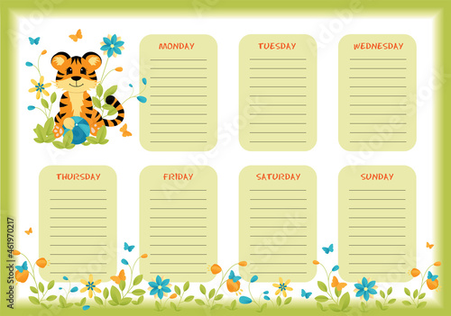 School weekly and daily planner with cute little tiger in colorful spring and summer design. Flat vector illustration of a schedule pages.