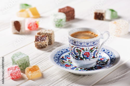 Turkish coffee cup and turkish delight
