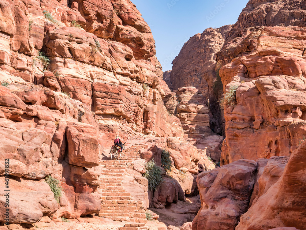 Fototapeta premium Arab woman riding a donkey on the Ed-Deir Trail (monastery trail) in the ancient city of Petra, Jordan.