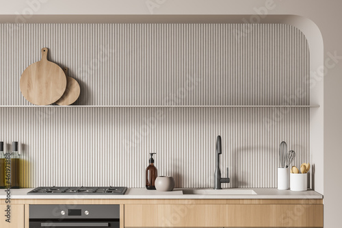 Photos Modern beige kitchen niche with open shelf