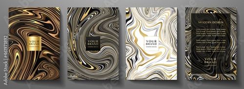 Abstract cover, frame design set.  Vector background collection with black, gold, white  line pattern (marble texture). Template for invitation, wedding card, menu design, notebook