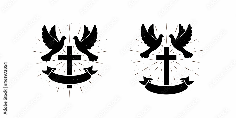 A set of illustrations on the theme of religion, doves, cross, ribbon, rays on the background. Design element for print, emblem, label, badge, poster, sticker. Vector illustration with grunge texture. A set of illustrations on the theme of religion, doves, cross, ribbon, rays on the background. Design element for print, emblem, label, badge, poster, sticker. Vector illustration with grunge texture.