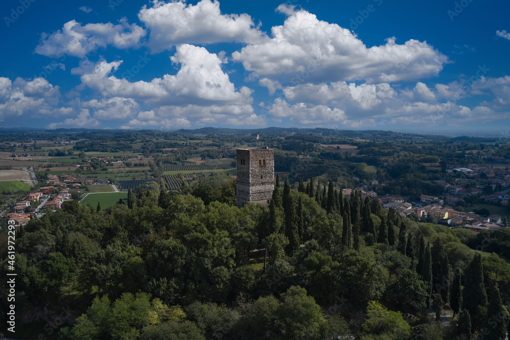 Aerial panorama of Solferino, Mantova, Italy. Historic Italian town on the hill, Solferino, Mantova, Italy. Aerial view of the Museum of Resurgence. Aerial view of the Rocca di Solferino, Mantova.