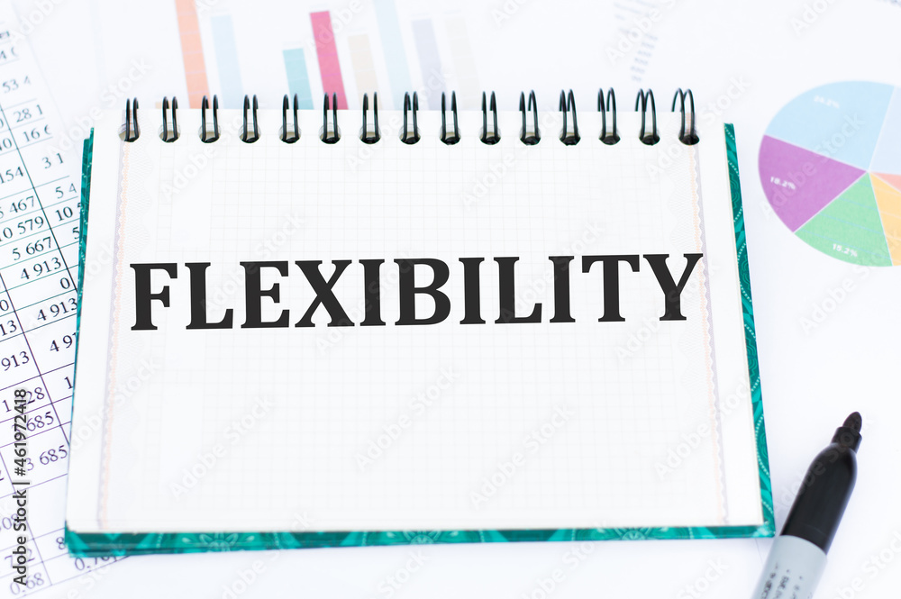 In Notepad, the text is FLEXIBILITY next to black marker and color charts In Notepad, the text is FLEXIBILITY next to black marker and color charts
