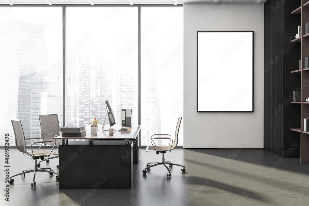 Office with canvas on white wall and beige details