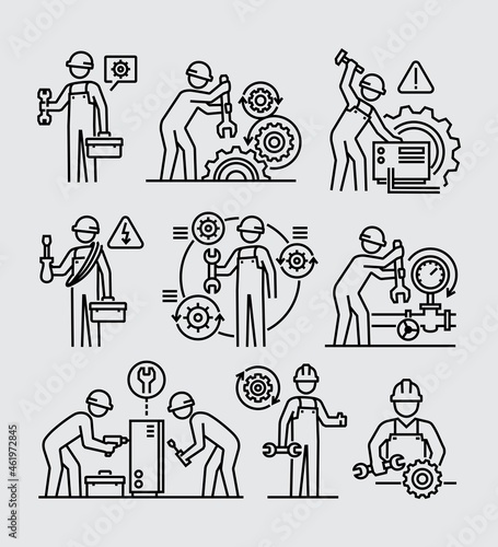 Maintenance Worker. Engineering People Vector Line Icons Set	
