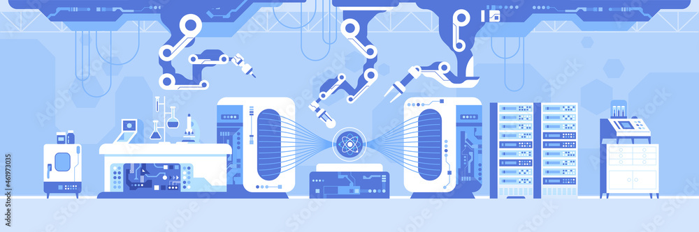 Automated scientific laboratory with hadron collider horizontal background. Robotic arms research atom molecular substance structure on professional lab equipment. Lab panorama. Vector illustration - obrazy, fototapety, plakaty 
