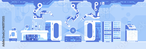 Automated scientific laboratory with hadron collider horizontal background. Robotic arms research atom molecular substance structure on professional lab equipment. Lab panorama. Vector illustration