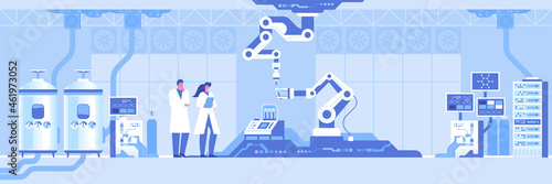 Automated scientific laboratory horizontal background. Scientists analyses data of research, robotic arms make test in flasks on modern professional lab equipment. Vector illustration science panorama