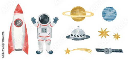 宇宙のイメージのイラストセット　水彩風イラスト