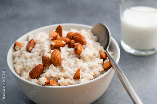 Breakfast oatmeal porridge with almonds