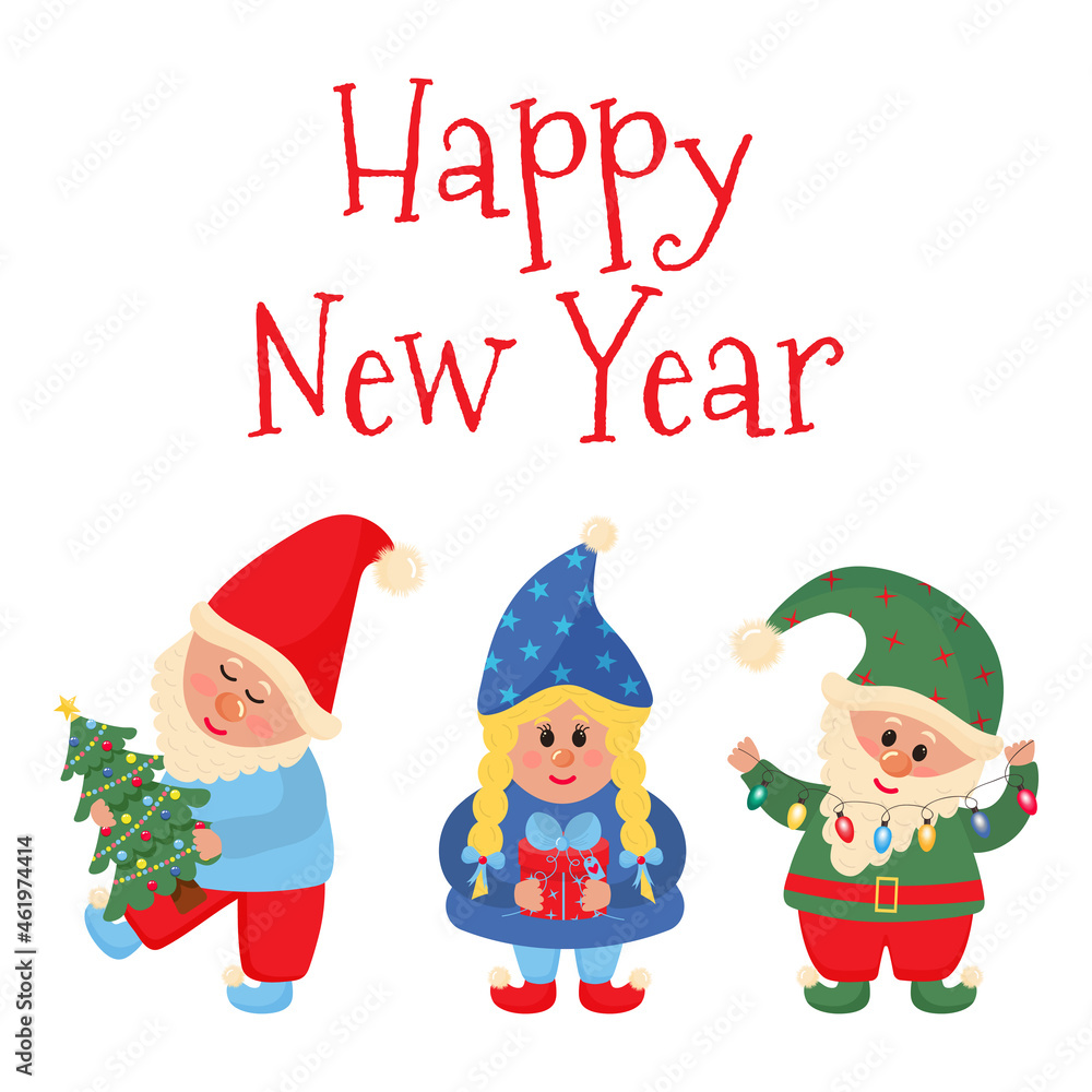 Christmas Gnomes with Happy New year lettering. Christmas greeting card. Christmas Gnomes with Happy New year lettering. Christmas greeting card.