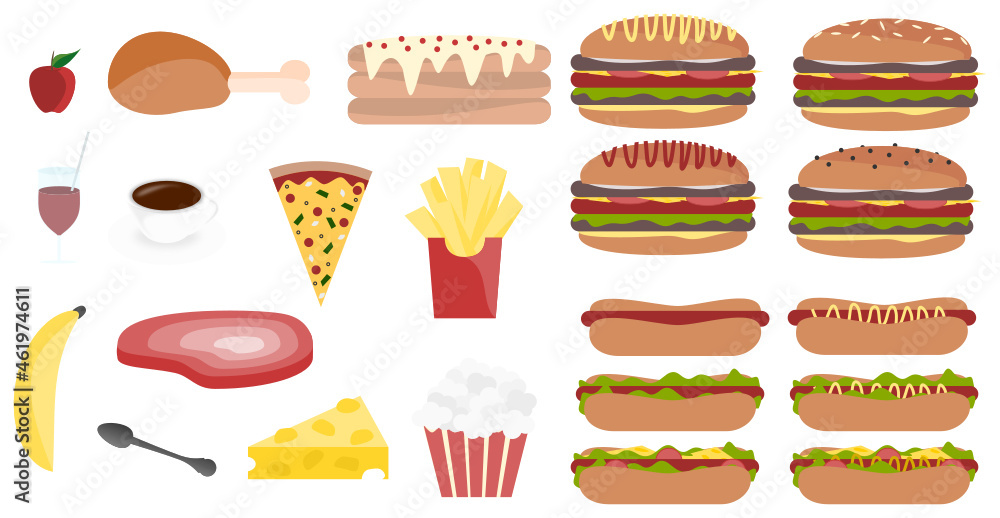 Vector food icon set of pizza, buns, burgers, cakes, chicken, cheese, popcorn, chips, apple, banana, tea and juice. This icon set can use for restaurant, kitchen and food menu concepts. 