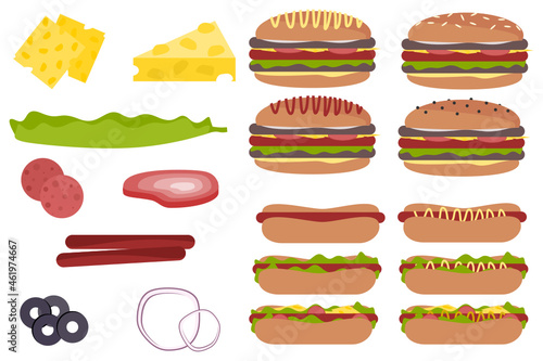 Testy vector icon of hamburger and buns with ingredients of onion, olives, sausage, peperoni, lettuce, cheese, peppers. This icon can use for cuisine, kitchen, food, restaurant, hungry concepts. 