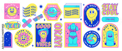 Sticker pack of funny cartoon characters, greek statues, Earth, planet and elements in psychedelic weird style.
