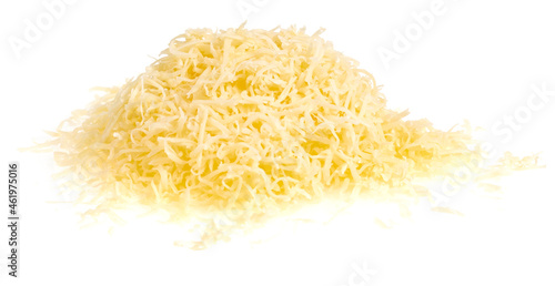 Grated cheese isolated white background . yellow shredded  cheese. Close up top view.