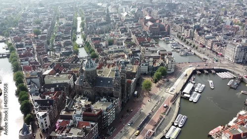 Aerial view of the Basilica of Saint Nicholas in Dutch Basiliek van de Heilige Nicolaas is located in the Old Centre district of Amsterdam the Netherlands very close to the main railway station 4k photo