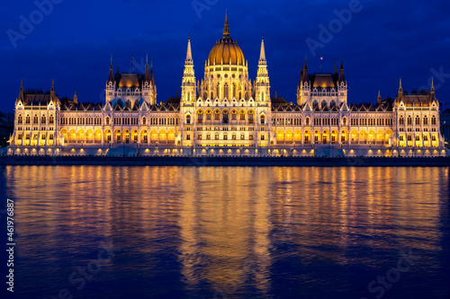 amazing architecture of hungarian parliament in Budapest at dusk, Hungary 