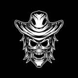 skull cowboy head mascot, this cool and simple image is suitable for t-shirt , poster, and merchandise design elements, also suitable as a riding or touring motorcycle community logo.
