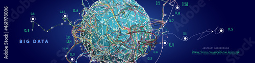 Abstract background with chaotic lines connecting dots of sphera grid. Analytics algorithms data. Quantum cryptography concept. Banner for business, science and technology. Big data.