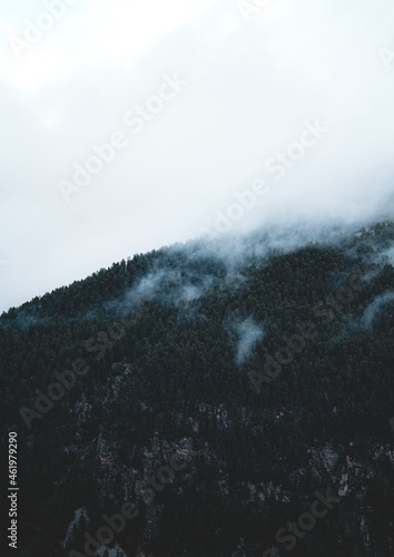 The slopes of the mountains in the fog