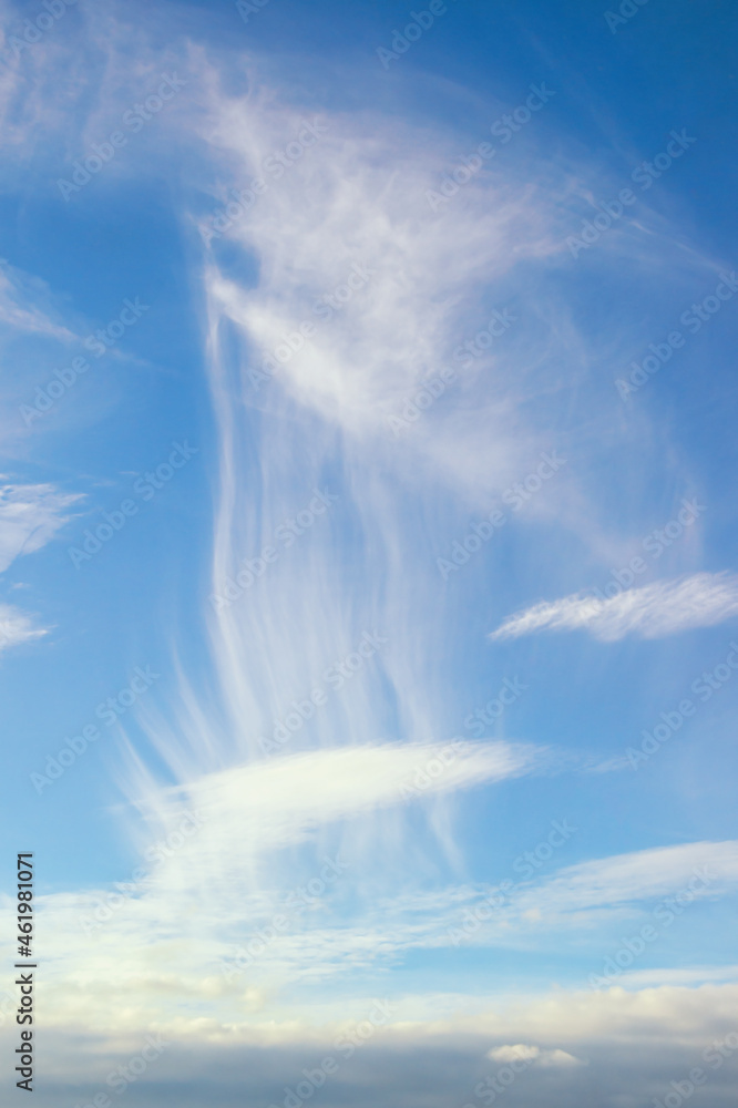 Bizarre white clouds in blue sky.  Cirrus cloud,  natural background - obrazy, fototapety, plakaty 