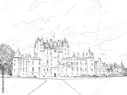 Glamis Castle. Scotland. Hand drawn city sketch. Vector illustration.