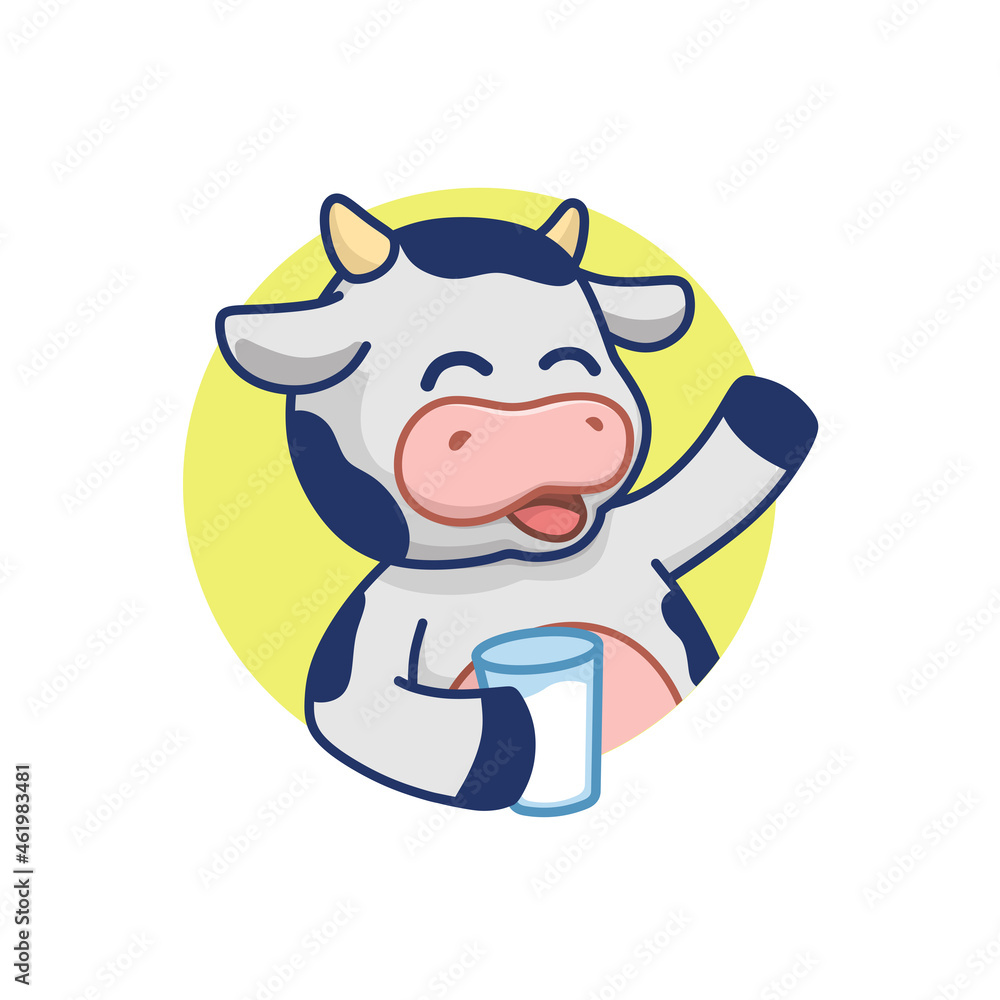 Cute cow cartoon character holding a glass of milk, fit for logo or sticker. Cute cow cartoon character holding a glass of milk, fit for logo or sticker.