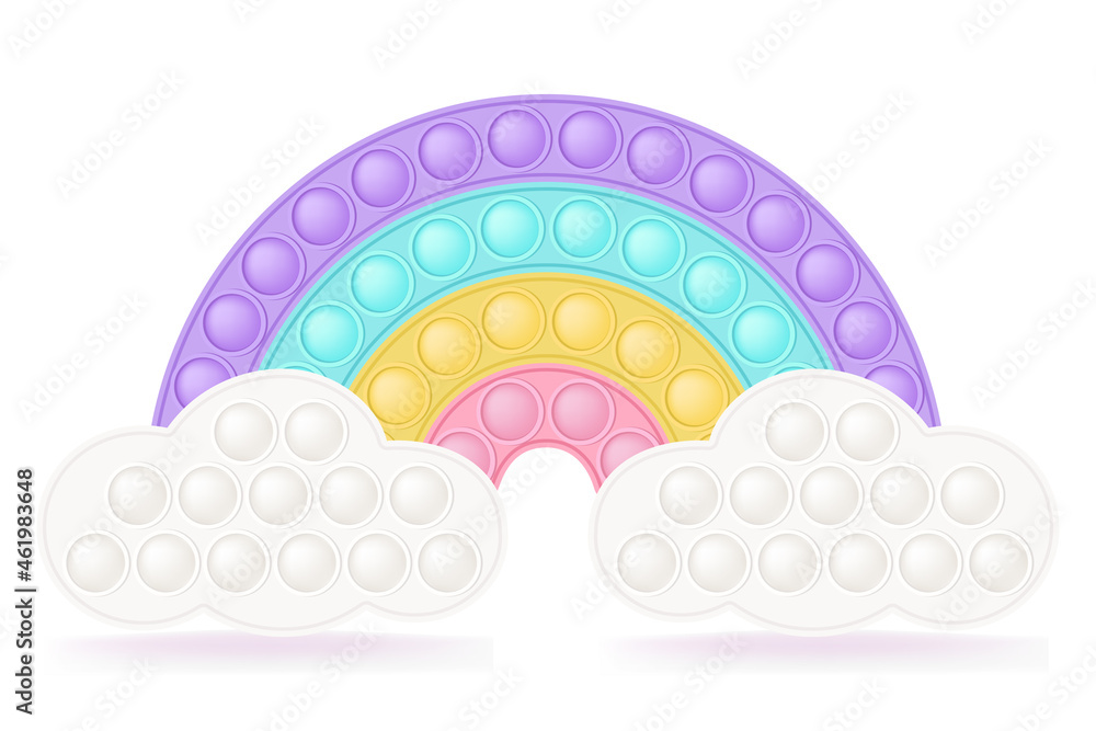 Popit rainbow on the clouds as a fashionable silicon fidget toys. Addictive antistress toy for fidget in pastel colors. Bubble sensory popit for kids fingers. Vector illustration isolated. - obrazy, fototapety, plakaty 