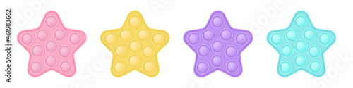 Set of popit stars in style a fashionable silicon fidget toys. Addictive antistress toy in pastel colors - pink, blue, yellow, purple. Bubble sensory developing pop it for kids fingers. Isolated