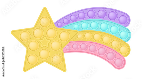 Popit star with a rainbow tail in style a fashionable silicon fidget toys. Antistress toy in pastel colors - pink, blue, yellow, purple. Bubble sensory pop it. Isolated vector illustration.