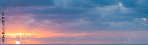 Natural background, stunning view of a dramatic, cloudy sunrise. Romantic sky, copy space, sky replacement, Sardinia, Italy.