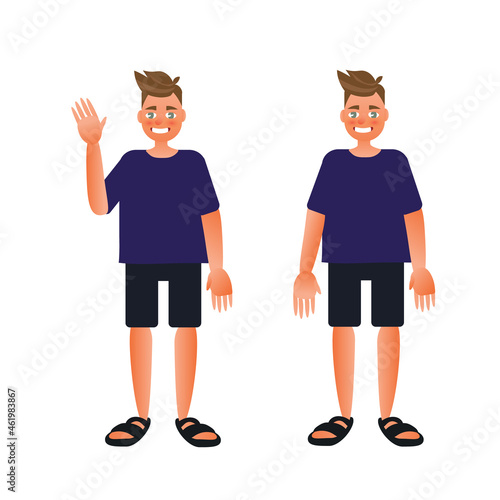 character guy smiles and waves