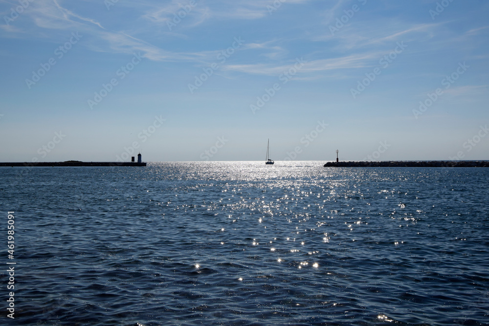Obraz premium Yacht in the sea. Adriatic sea in Porec, Istria, Croatia. Blue seascape