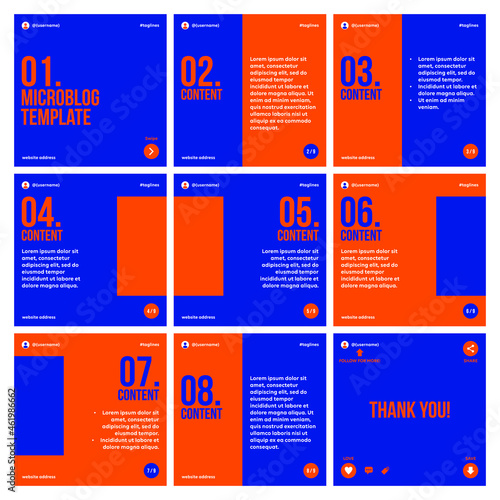 Microblog carousel slides template for instagram. Nine pages with blue and orange flat background theme.