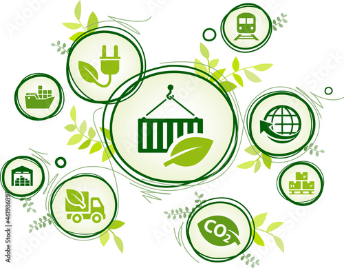 green / sustainable supply chain management vector illustration. Concept with icons related to environmentally friendly logistics or scm, carbon neutral shipping, scs / gscm, eco distribution.