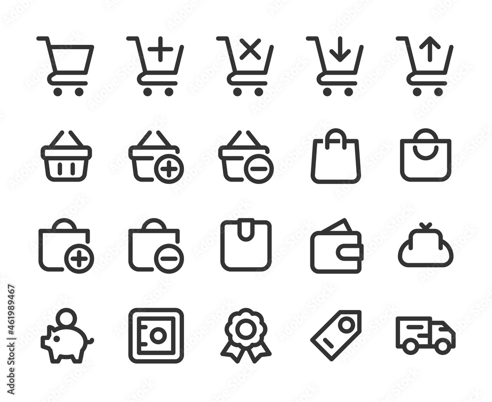 Collection of monochromatic pixel-perfect linear icons: Finance,  banking and shopping. Set #1.  Built on  base grid 32 x 32 pixels. The initial base line weight is 2 pixels.  Editable strokes