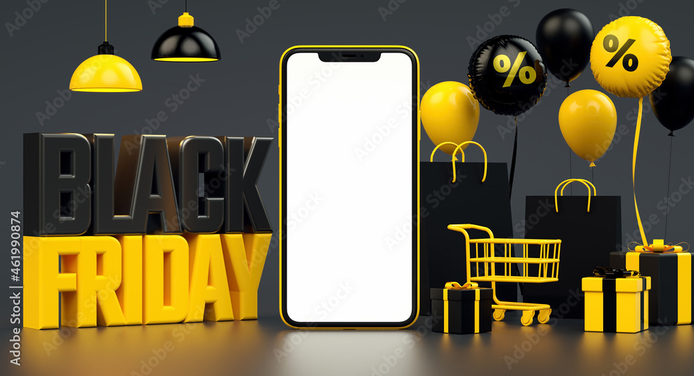 Black Friday sale banner background with mobile phone mockup blank screen  and yellow stuff in realistic 3D rendering. Special offer flyer and online  shopping concept Stock Illustration | Adobe Stock